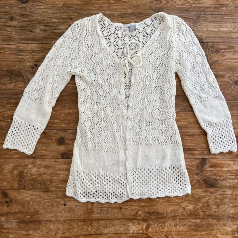 Amy Byer White Open Knit Tie Front Cardigan Sweater Boho Pointelle WMs Large EUC